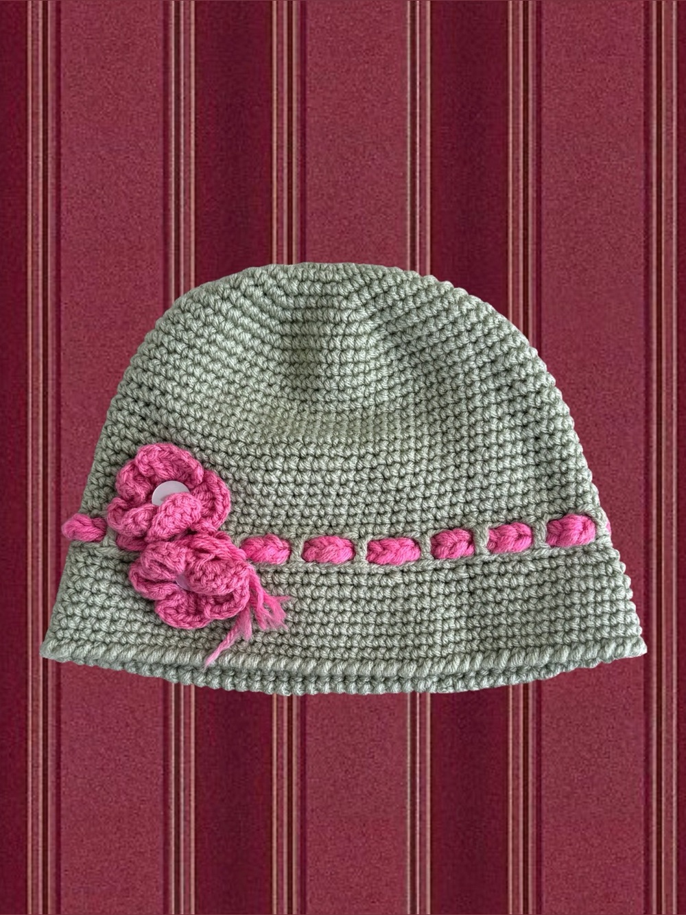 Green Crochet Women’s Hat with Pink Flower Accent